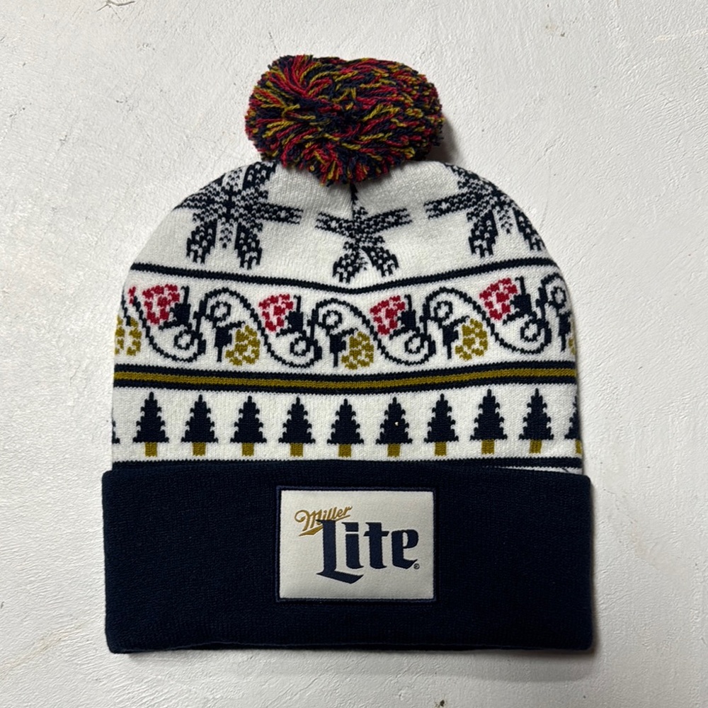 White and Black Knit Hat with Nordic Pattern and Pom-Pom